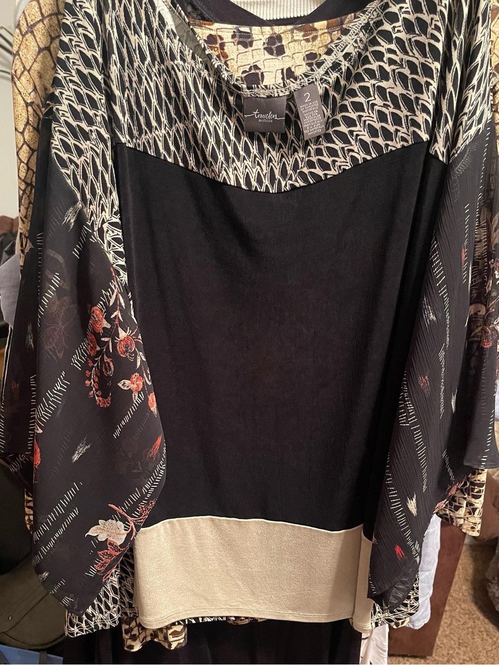 Chico's Travelers Black, Cream & Tan Mixed-Print Tunic
